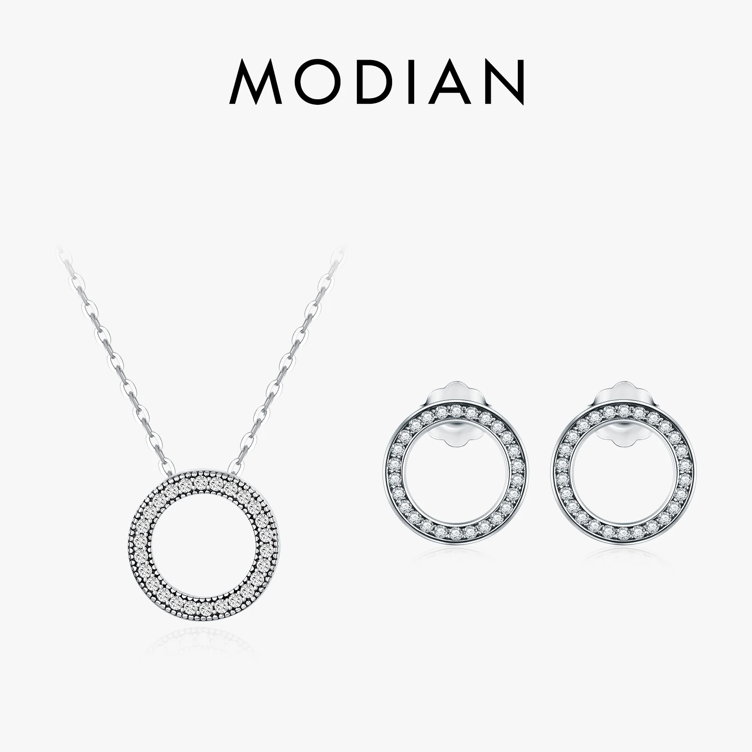 Modian Classic Circle Sparkling CZ Kolczyki sztyfty 925 Sterling Silver Heart Romanti Zestawy biżuterii dla kobiet Drobny naszyjnik wisiorek