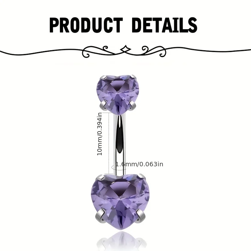 1-4pcs Belly Button Rings, Purple Heart Shaped Butterfly Cubic Zirconia Navel Rings, Body Piercing Jewelry, Holiday Gift
