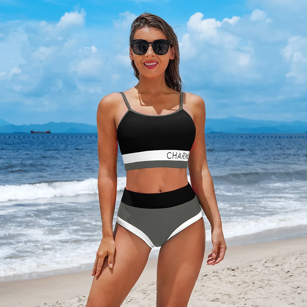 Anfilia Women Sporty Casual Crop Bikini Set Logo Print Two Piece Set Color Block Swimsuit Bathing Suit Swimwear