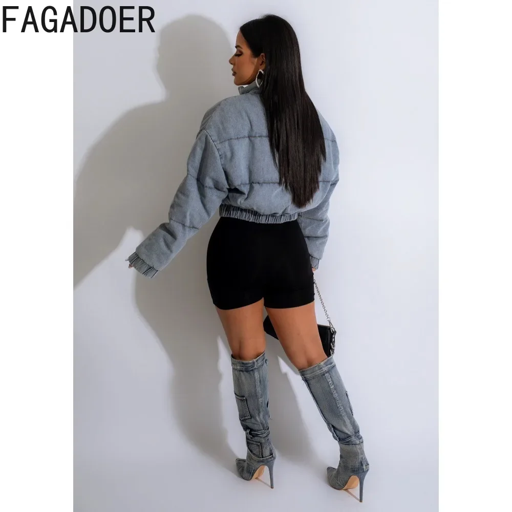 FAGADOER Fashion Street Style Women Stand Collar Zipper Denim Cotton Jacket Autumn Winter Female Pocket Slim Thick Coats Tops