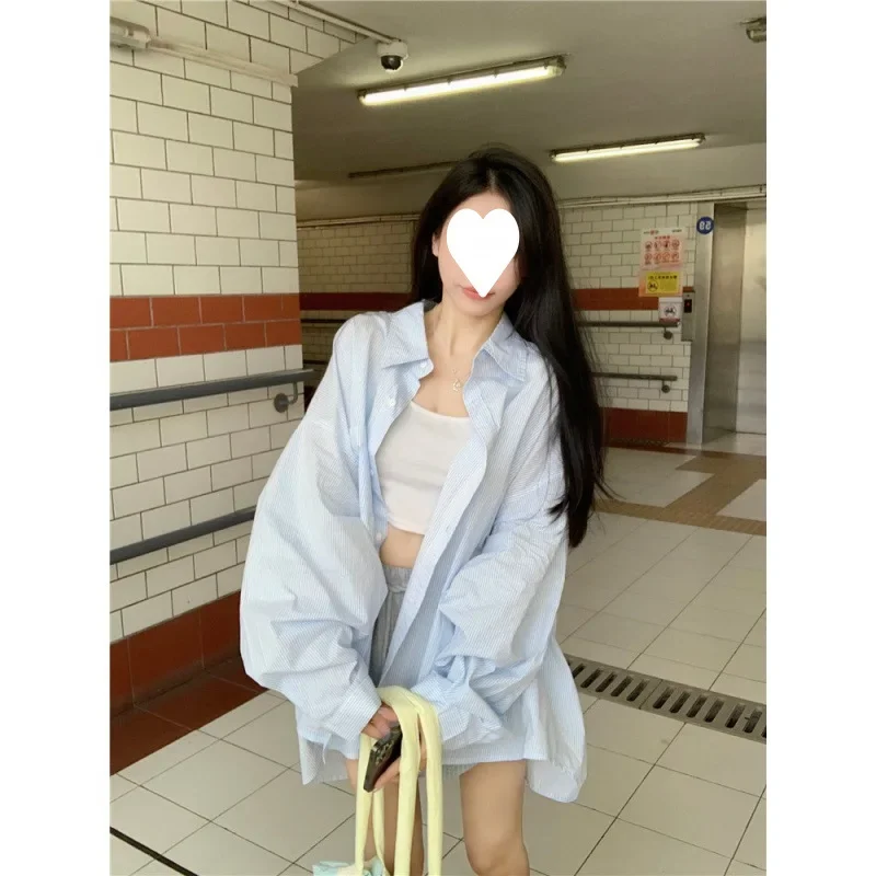 

Long Sleeve Cotton Blend Top Women's Loose Fit Striped Polo Shirt Jacket Summer Sun Protection Casual