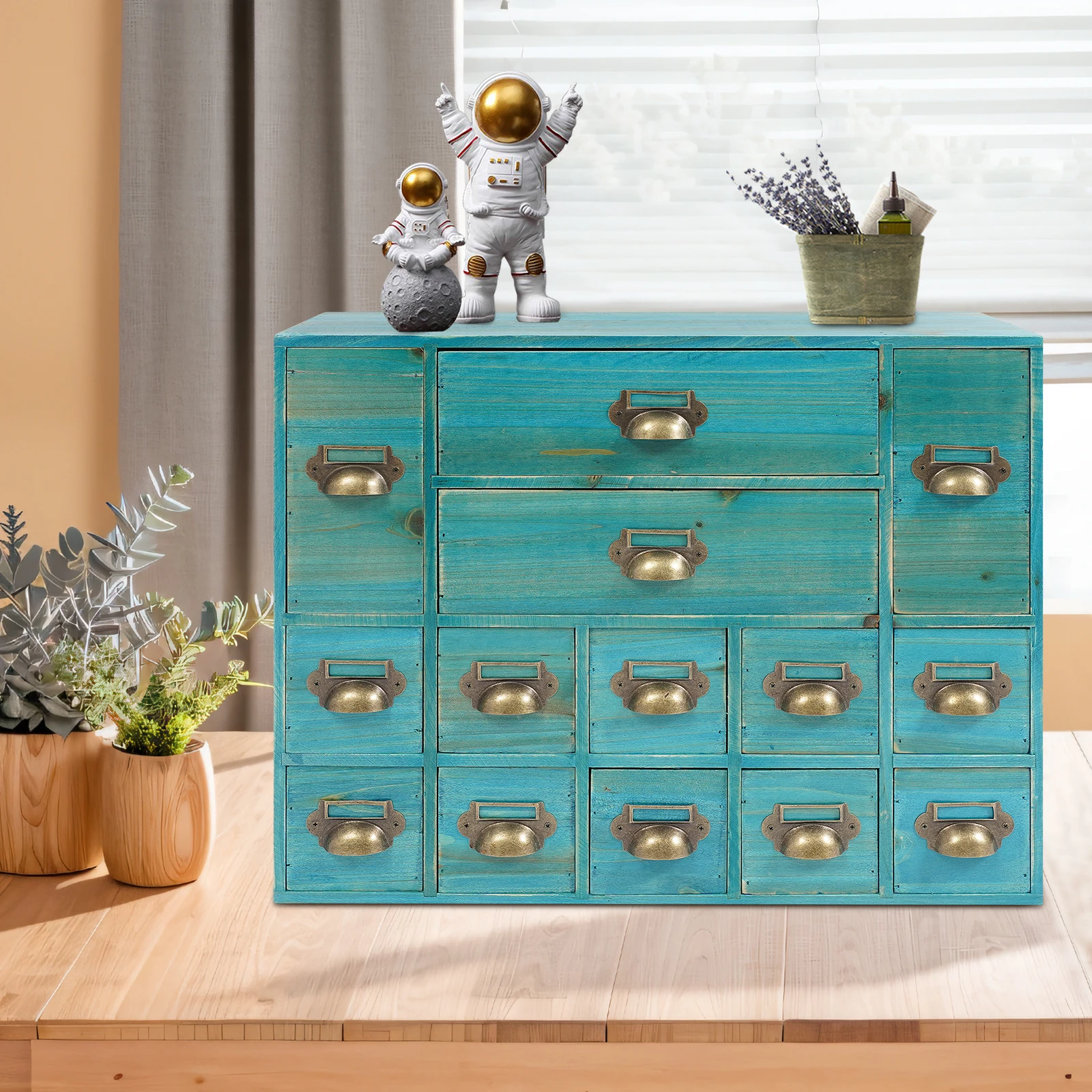 

Blue Drawers Storage Cabinet,Wood Storage Cabinet with 14 Drawers Free Standing for Household Medicine Organizer