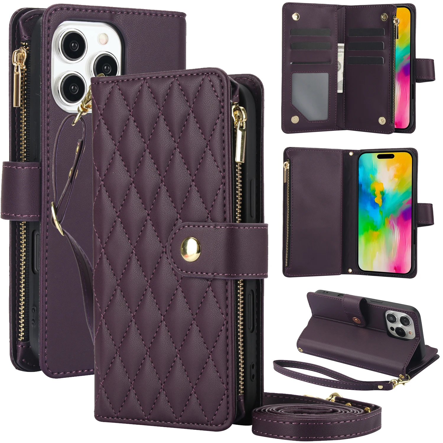 

For Samsung Galaxy S26 S25 S24 S23 S22 S21 S20 Ultra Plus Multi 6 Cards Crossbody Leather Zipper Pocket Wallet Flip Cover