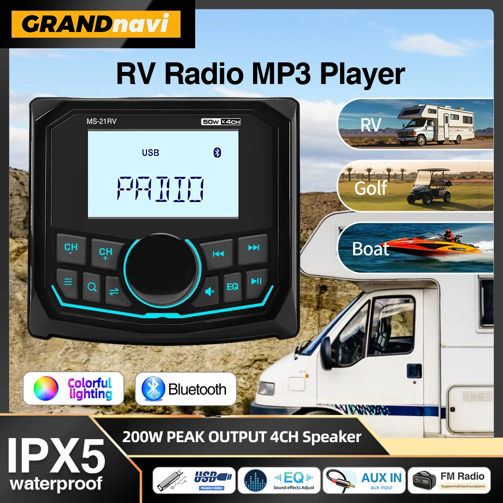 Black Marine Radio Boat Stereo FM AM Digital Media Player Bluetooth IPX5 Waterproof For Motor Home RV Yacht ATV UTV Golf Cart