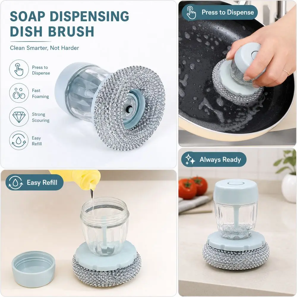 Plastic Soap Dispensing Dish Brush Soft Foam Press Soap Dispenser Cleaning Brush Fast Cleaning Household Cleaning Tools