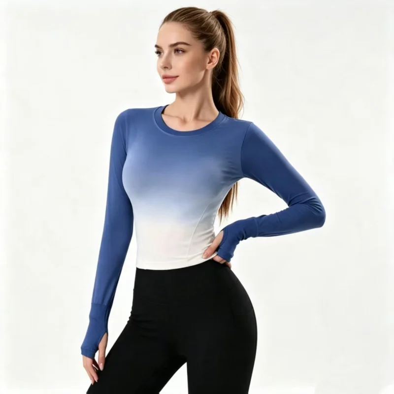Women Gradient Yoga Long Sleeve Top Slim Fit Thumb‑Hole Quick Dry Breathable Fitness Workout Sports Shirt