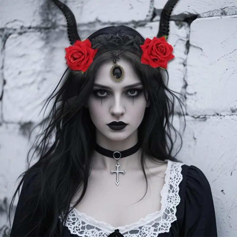 

Stylish Devil Horn Headpiece With Mesh Veil And Flower Decors For Gothic Parties 6XDA