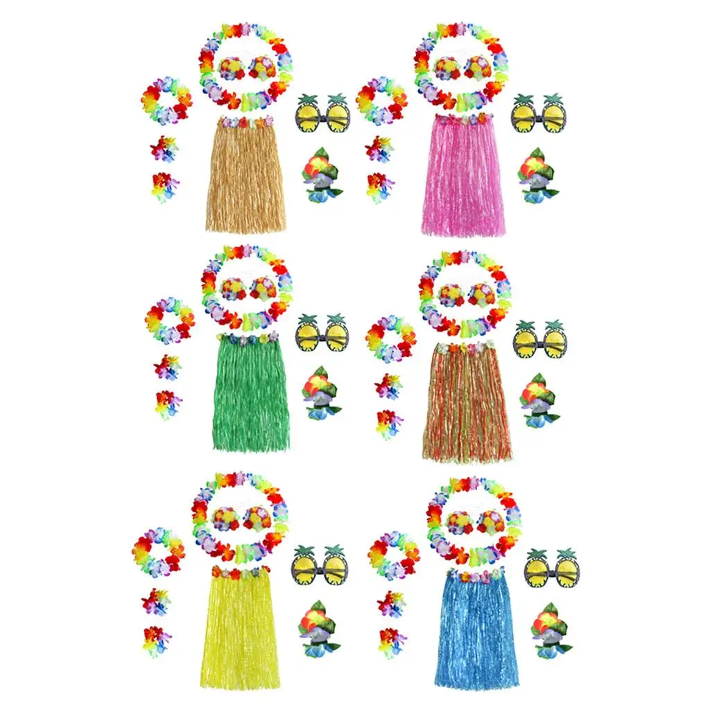 Tropikalny zestaw na hawajskie luau: elastyczna spódnica hula z akcesoriami dla dorosłych i dzieci na imprezy taneczne i na plażę.