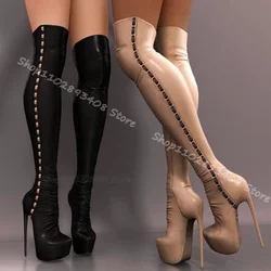 Black Platform Stiletto Elastic Knee Boots Round Toe Leather Solid Spring Dress Party Women Knee Boots 2024 Zapatos Para Mujere