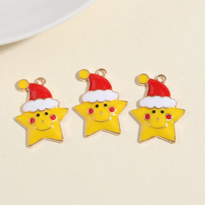 5pcs Gold Color 26x20mm Cartoon Enamel Christmas Hat Star Charms Smile Face Pendant Fit Jewelry Making Handcrafted Accessories