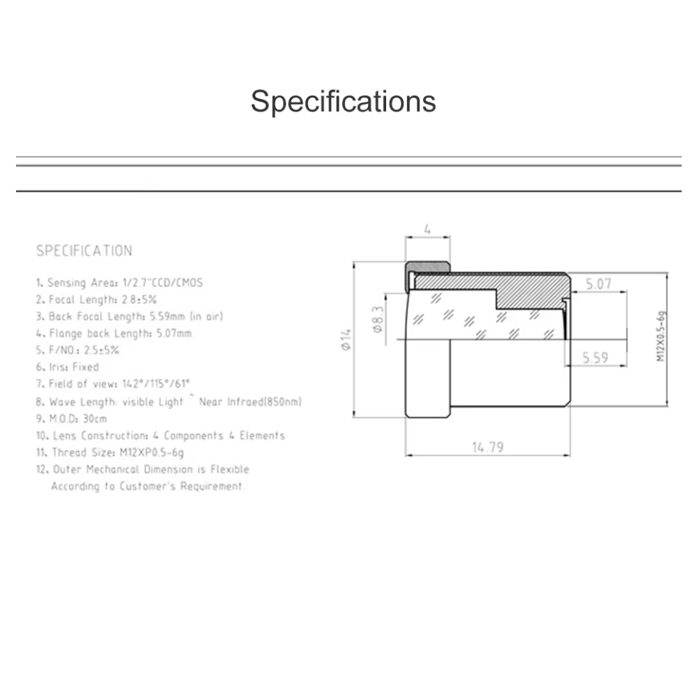 Witrue HD 3-megapikselowy obiektyw CCTV 2,8 mm M12 z mocowaniem 1/2,7 cala F2,5 115, szeroki kąt do kamer AHD Kamery bezpieczeństwa IP