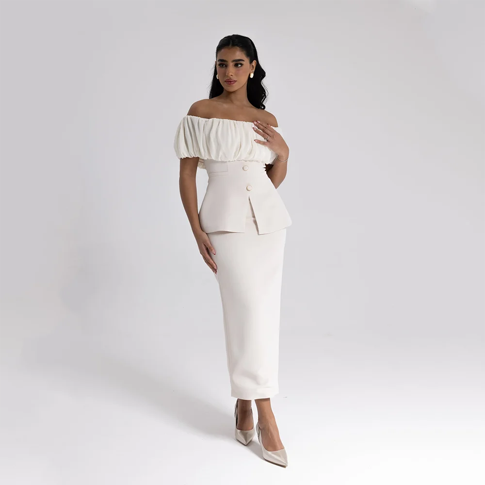 

Customized Pleated Off The Shoulder Evening Dresses with Button Birthday Party Dress Women's Straight Ankle Lenght Prom Gowns