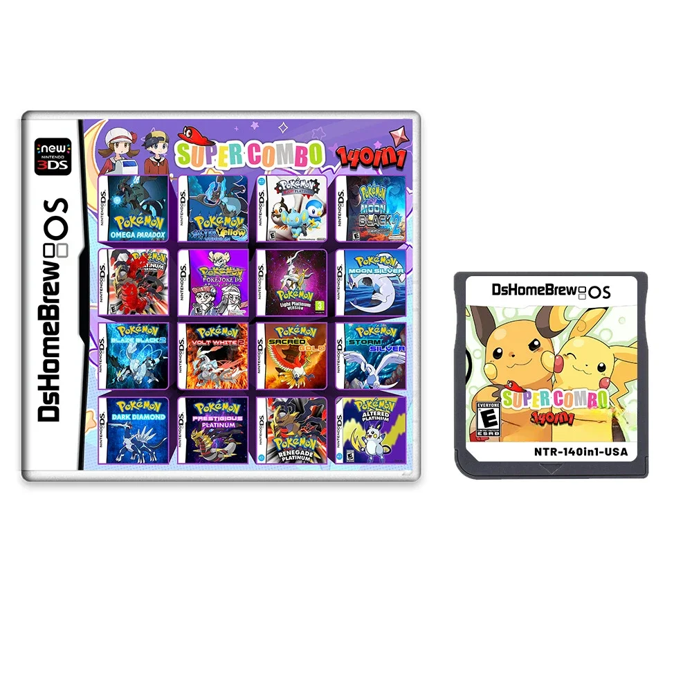 NDS Pokémon Jogo Combo cartão NDS Pokémon 140 em 1 Coleção de jogos Versão americana Inglês