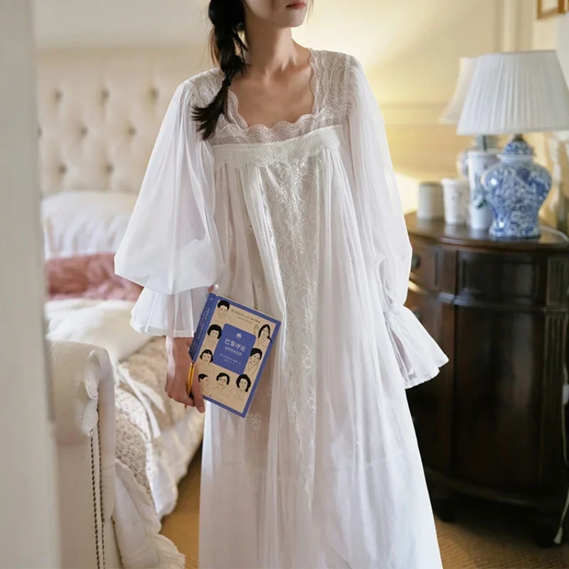 الجنية الفرنسية قطعتين الدانتيل قمصان النوم مثير السباغيتي حزام ثوب النوم فيكتوريا ساحة طوق كامل الأكمام فستان نوم طويل جديد