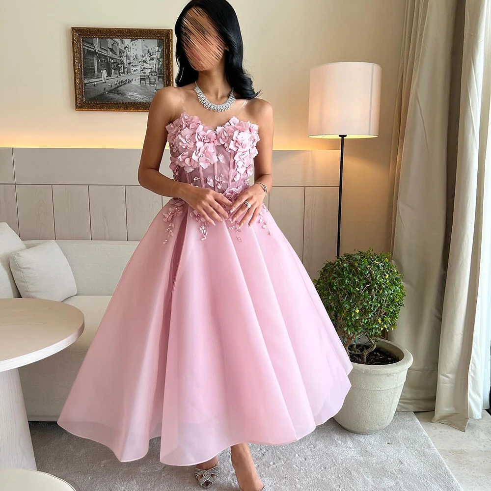 

Розовое плиссированное вечернее платье без бретелек из органзы по индивидуальному заказу, вечернее платье без рукавов с драпировкой и открытой спиной, трапециевидное платье чайной длины