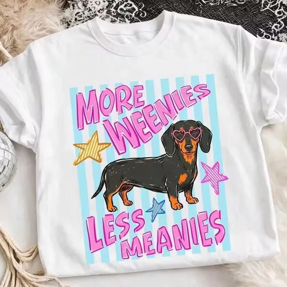 Funny Dachshund Dog Graphic Tee More Weenies Less Meanies T-Shirt Cute Wiener Dog Stripe Top Preppy Aesthetic Pet Lover Tee
