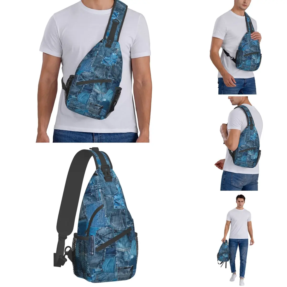 Blue Denim Jeans Pocket Crossbody Sling Bag Casual Peito Bag Patchwork Ombro Mochila Daypack Viagem Caminhadas Sports Bookbag