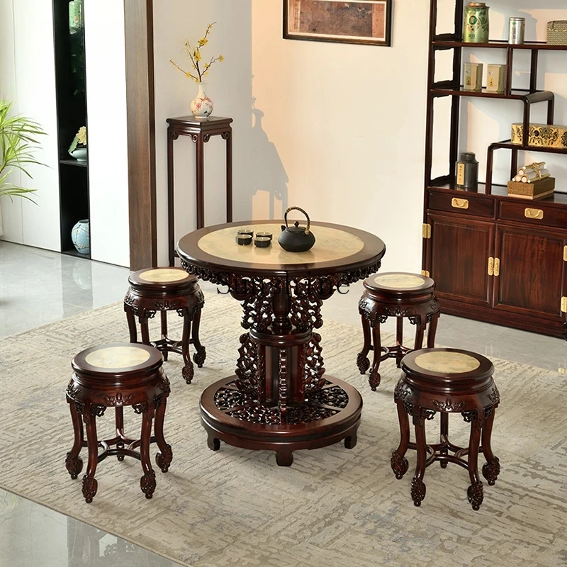 

Mahogany round carved Chinese marble dining table and stool combination furniture