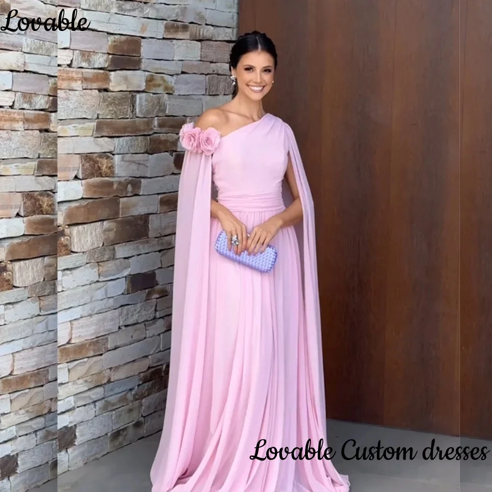 

Customized Evening Dresses Elegant Chiffon Flower A-Line One-Shoulder Cape Sleeve Pink Customized Prom Dresses Sweep Train Moder