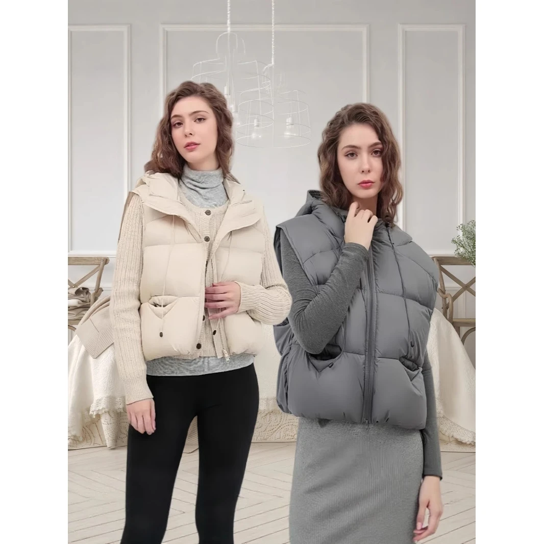 เสื้อกั๊กพัฟเฟอร์แบบสบายๆ สำหรับผู้หญิง บุขนเป็ด มีฮู้ด ปิดด้วยซิป เสื้อโค้ทแฟชั่นสำหรับฤดูหนาว