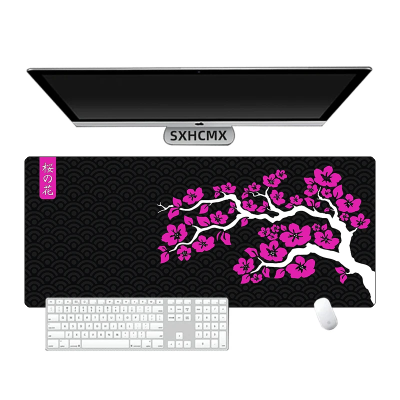 لوحة ماوس مطاطية فاخرة من ساكورا باللون الأسود، كبيرة غير قابلة للانزلاق ومقاومة للماء، لوحة مفاتيح احترافية بحافة قفل للكمبيوتر