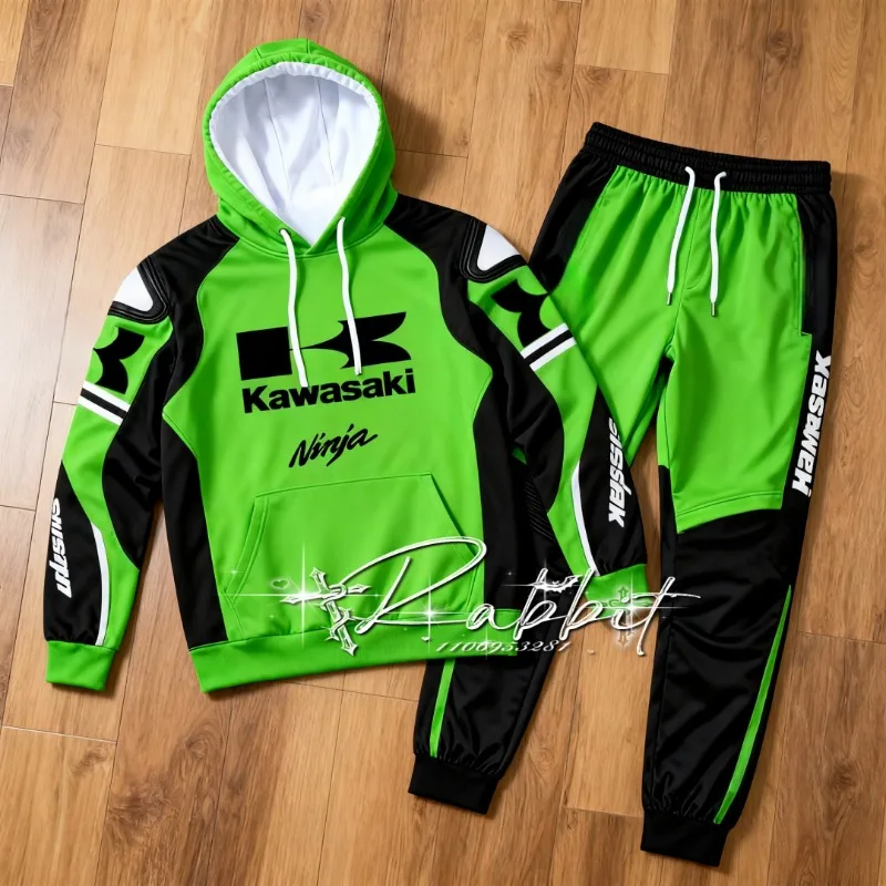 

2026/25 New Kawasaki Motorcycle Track Rider Warm Motorcycle Suit Set for Off-road Downhill Special Two-piece Men's Hoodie Pants