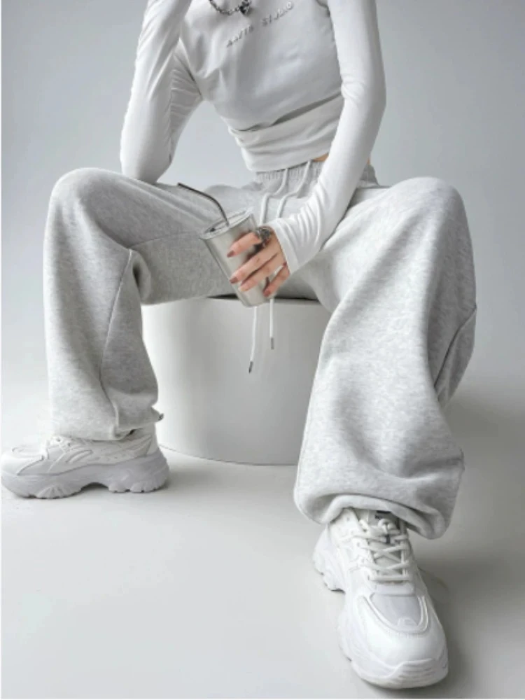 الخريف الشتاء السراويل الرياضية النساء الأمريكية الرجعية عالية الخصر مستقيم Sweatpants عادية فضفاض مرونة الخصر الرباط السراويل الرمادية