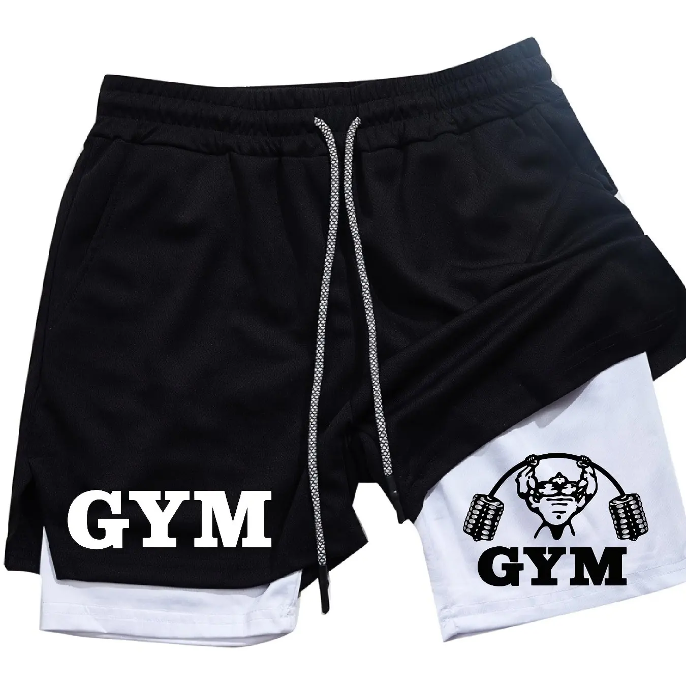 

Мужские летние тренировочные многофункциональные спортивные шорты 2-в-1 с принтом, двухслойные