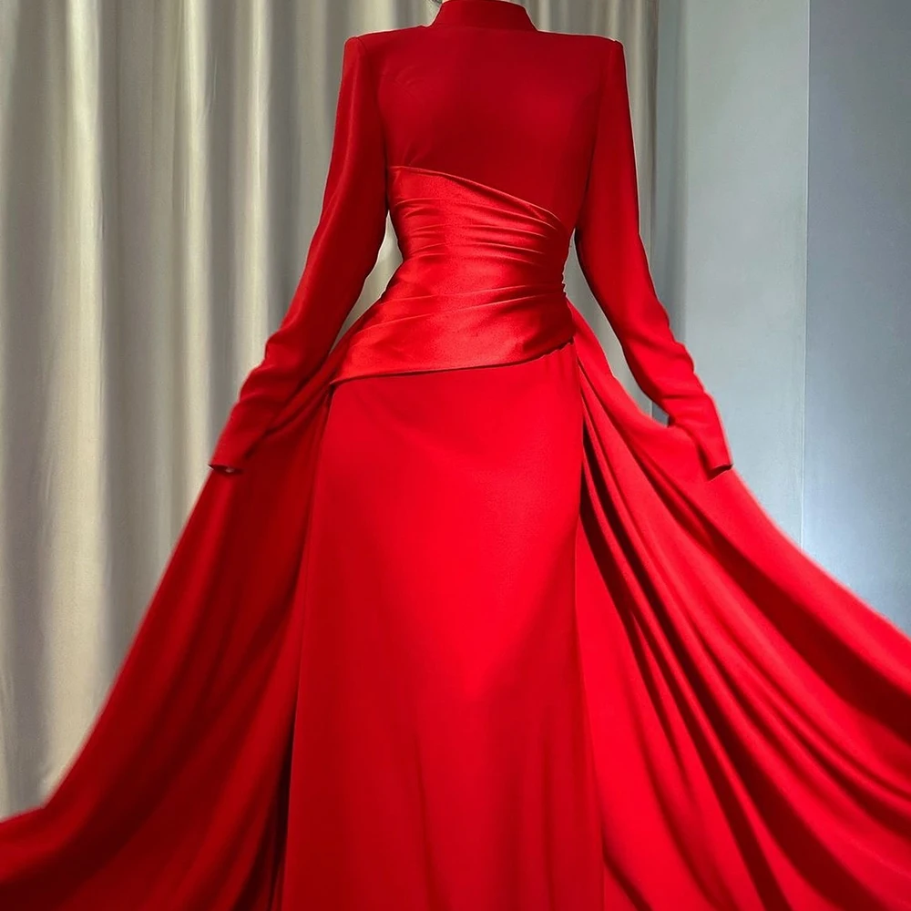 

Elegant Party Dresses Woman 2024 High Collar Satin Sweep Train Floor Length Long Sleeves Pleats A-Line Bespoke Occasion Gowns