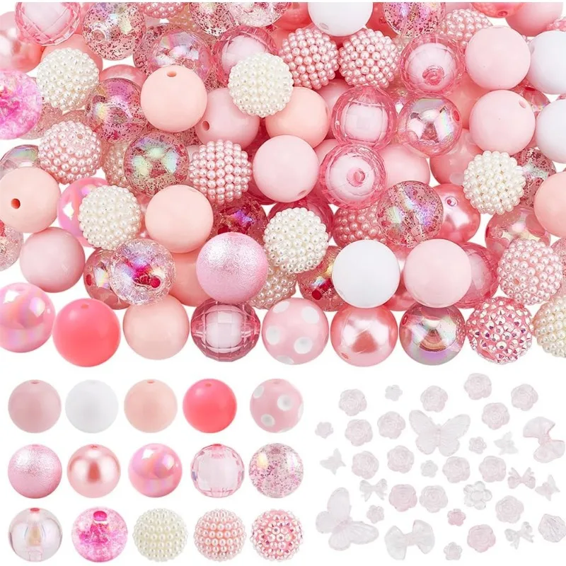 

110pcs 20mm Bubblegum Beads 16 Styles Chunk Beads 30g Pink Flower Butterfly Beads Acrylic Pen Beads Large Loose Beads