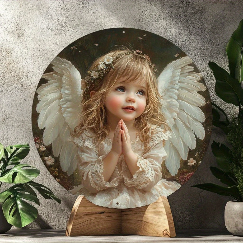 8in 2D Wooden Disc Girl Front Prayer Model Vintage Wall Art for Indoor Outdoor Decor Home Bar Garage Cafe Garden