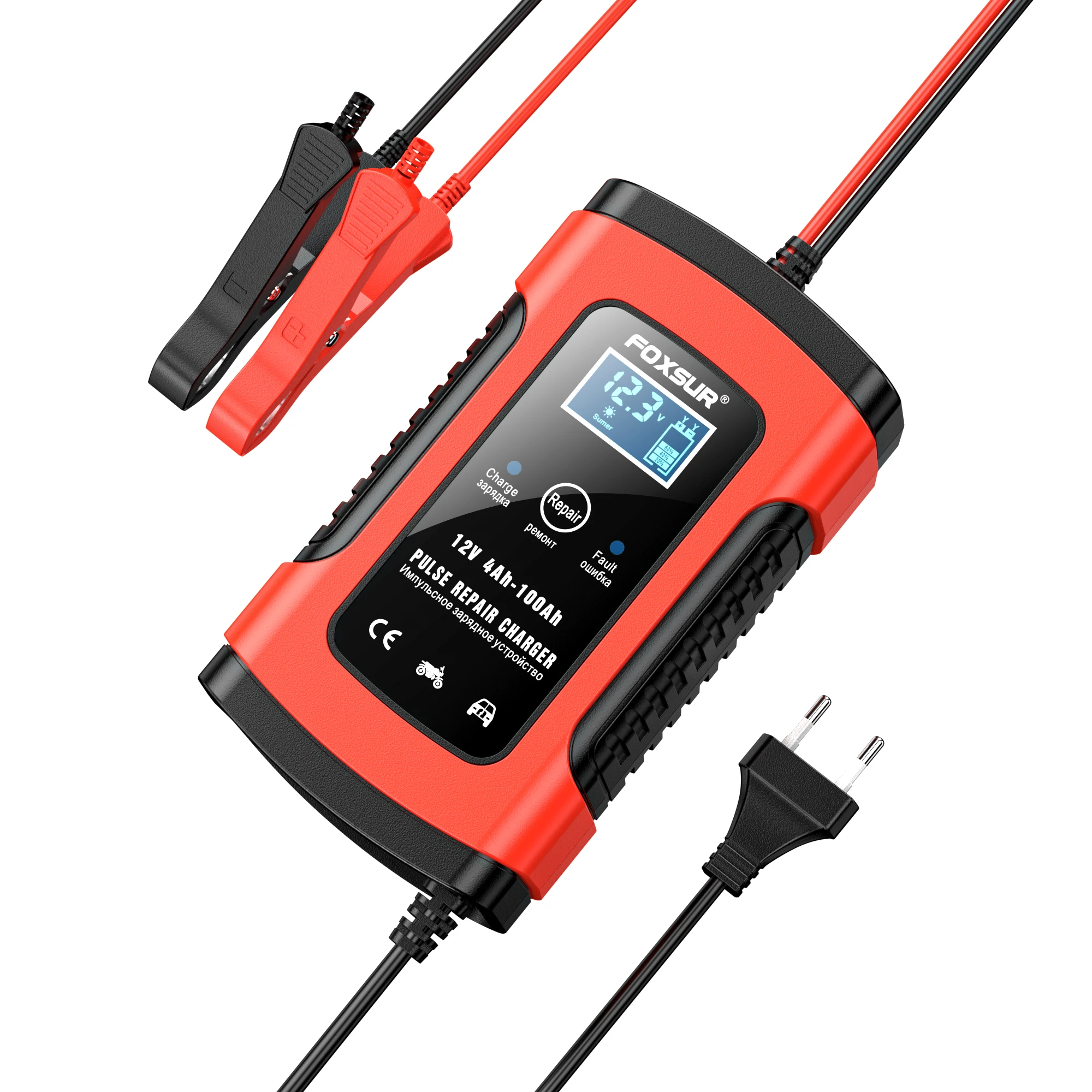 FOXSUR 5A Car Motorcycle UPS Battery Charger 12V Volt Display Status Repair Fully Intelligent Multi-Repair LCD Battery Charger