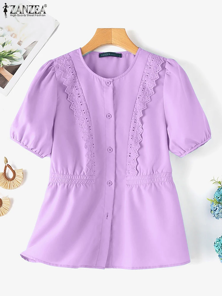 

ZANZEA Korean Fashion Lace Patchwork Shirts Women 2025 Summer O-Neck Short Sleeve Button Up Chemises Femme Casual Solid Tunics