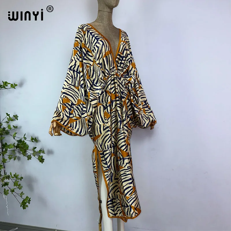 WINYI nowy letni wysoki widelec seksowny boho sukienka z nadrukiem kobiet kaftan z bohema długa rękawem kaftan damska moda okrycie plażowe Up