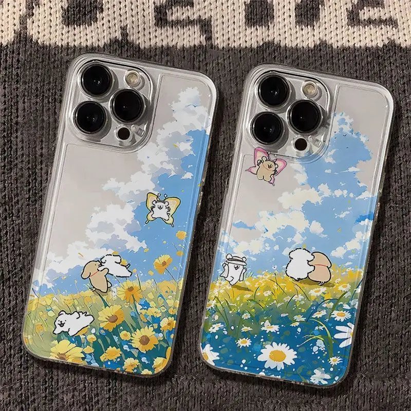 Blue Sky Line Puppy Phone Case For iPhone 16 15 14 13 12 11 Pro Max XR X XS 14 15 7 8 Plus Y2K Cute Anti Fall Clear Cover