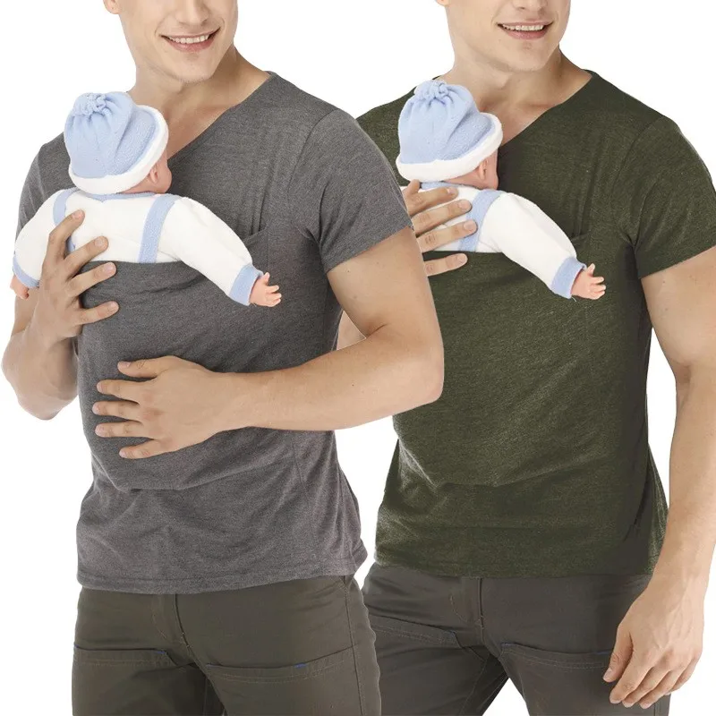 Men's V Neck Short Sleeve Kangaroo T Shirt Baby Carrier Shirt for Dad Skin to Skin Newborn Carry Pocket Parenting Casual Tee New