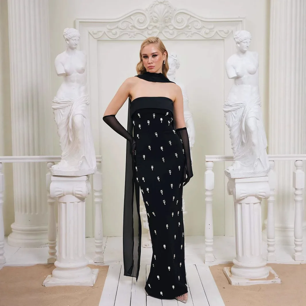 Women Black Sleeveless Diamonds Bodycon Bandage Dresses Luxury Strapless Shinning Crystal Maxi Dress With Mesh Scarf Evening Par