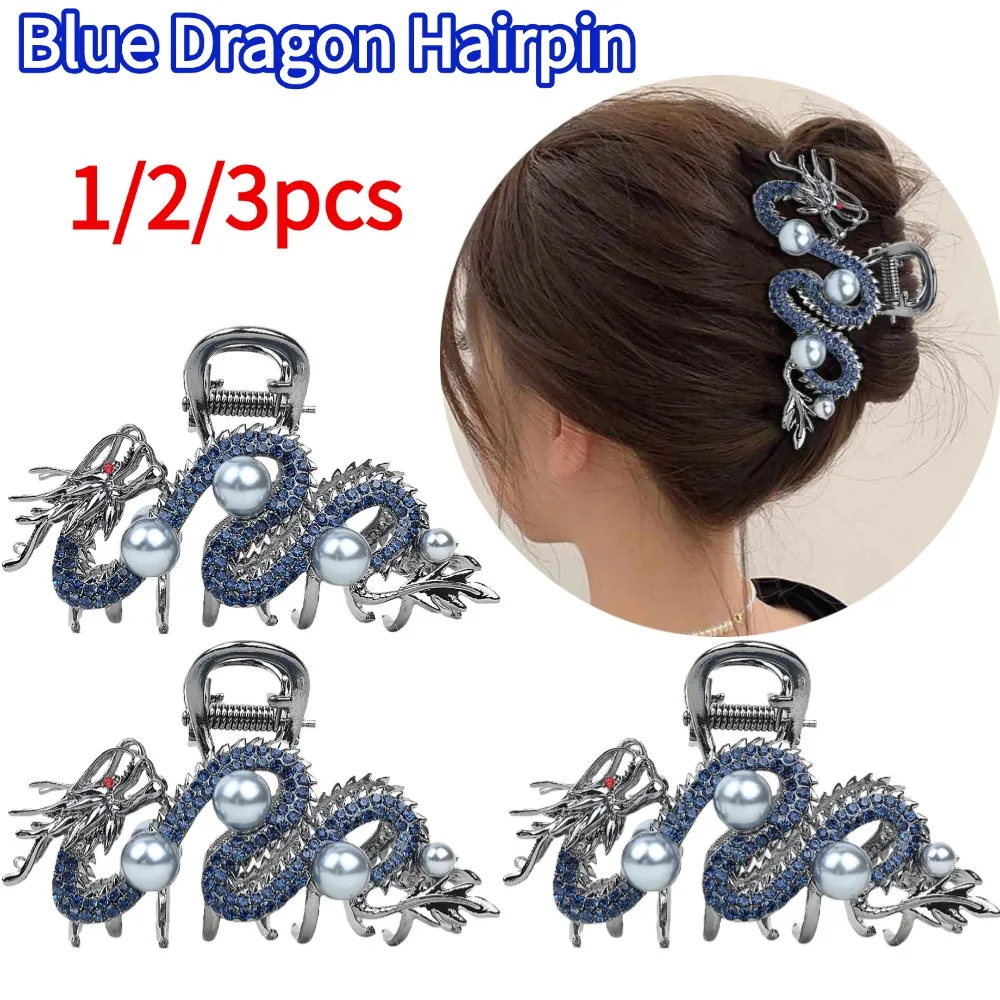 Blaue Drache Haarnadel mit Perle Haarklammer Frauen einfache Haarklammer Haarnadel Hai Clip Metall Strass chinesischen Stil Haarnadel