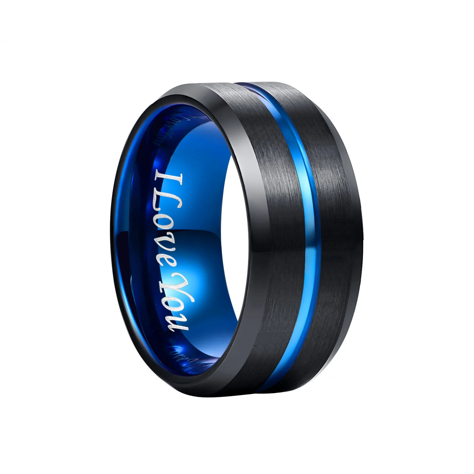 Men\'s Tungsten Carbide Ring Blue+Black Tungsten Steel Ring Beveled Edge Wedding Band 10mm 8mm 6mm 4mm Size 7-17 Comfort Fit