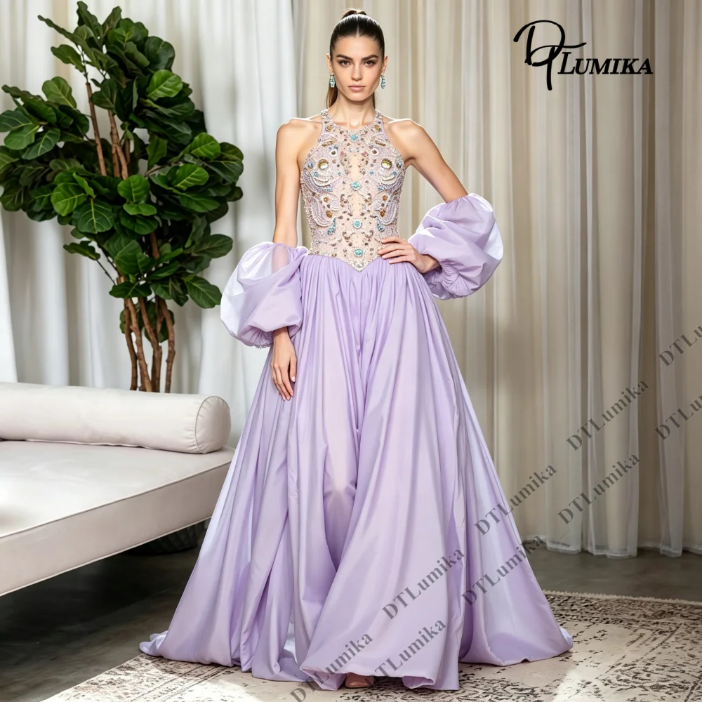 Vestido de Noche para Baile de Graduación Color Lavanda, Hecho a Medida, con Mangas Abullonadas Desmontables, Corte en A, Vestido Formal para Quinceañera, Gala, Boda, Invitada de Fiesta