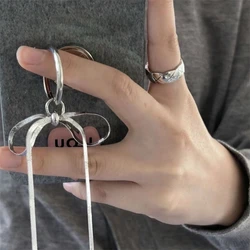 Korean Cute 3D Silvery Bow Beaded Phone Chain Finger Ring Buckle Charm Lanyard For iPhone Samsung Universal Accessories Jewelry