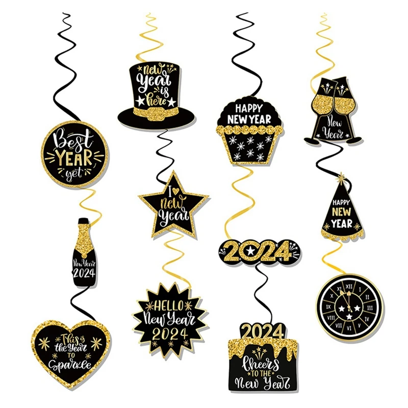 2024 New Year Spiral Hanging Decoration Happy New Year Black Gold Party Decoration European And American Pendants