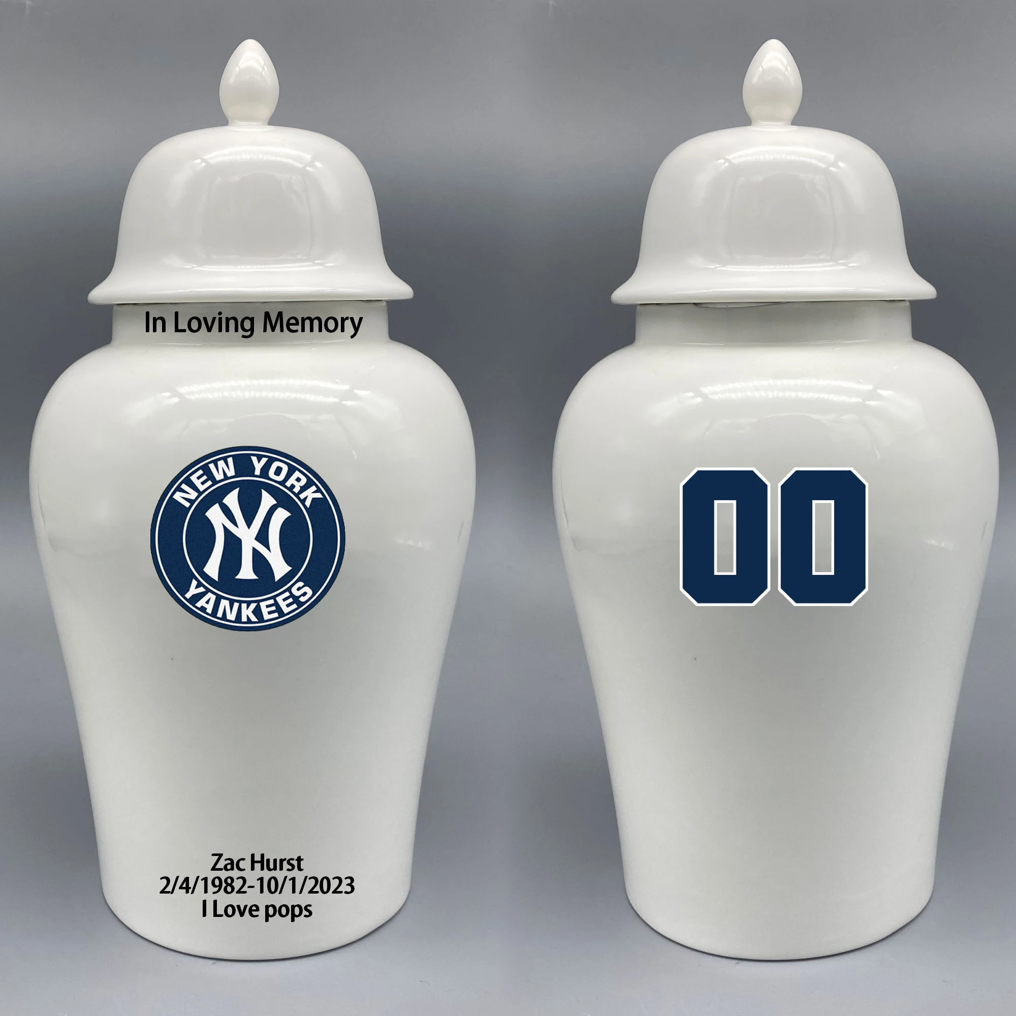 Large Urn for New York Yankees-themed Logo Urn.Please send me the customize information-name/date and number on the urn