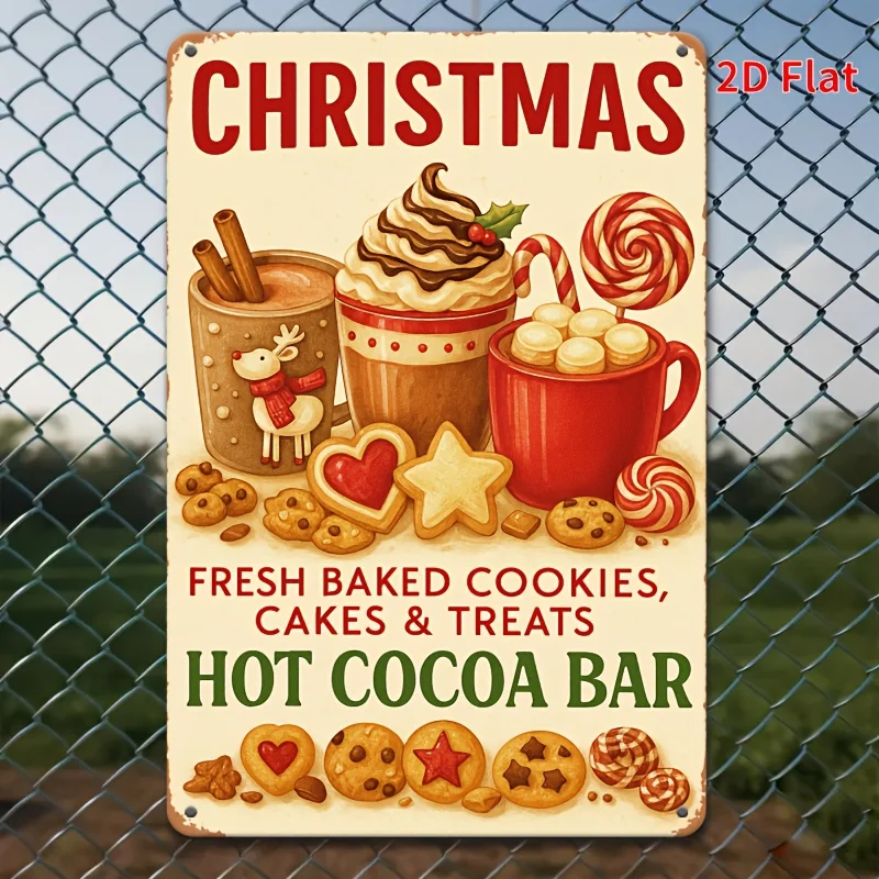 2D Flat - A Vintage Metal Sign Measuring 8X12 Inches That Reads 'Christmas Hot Cocoa Bar'. This Tin Sign Is Perfect for Home