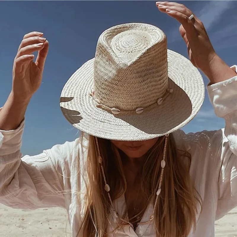 2026 Summer New Shell Conch Chain Sun Hats for Women Travel Panama Straw Hats Ins Vintage Fedora Female Outdoor Travel Beach Hat