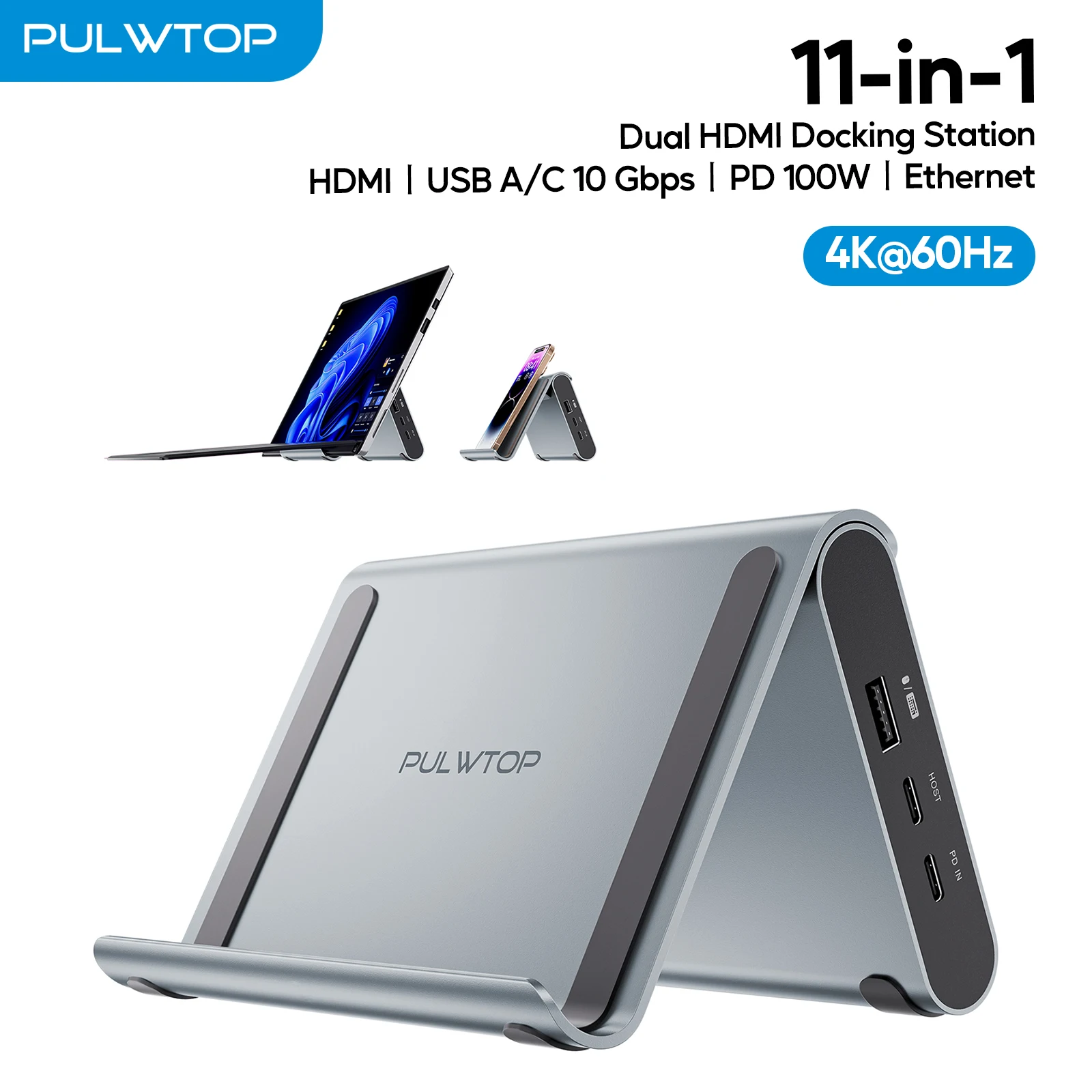 

PULWTOP USB C Docking Station Dual Monitor, with 2 xHDMI 4K, USB-C/A 10Gbps, , Ethernet, PD for Microsoft Surface Pro 11/10/9/8