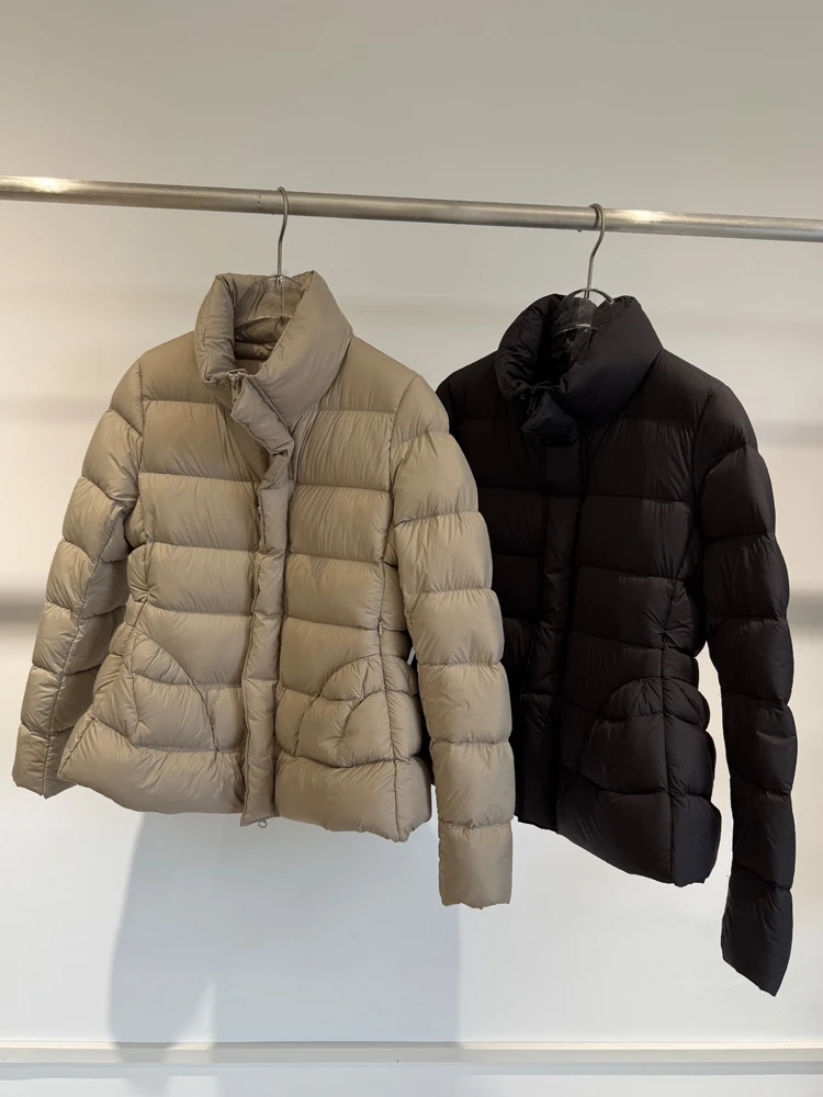 Damska kurtka streetwearowa z puchu kaczego, dopasowana, zimowa 2025, z wysokim kołnierzem, długi rękaw, puchowa kurtka, codzienna, jednolita, ciepła odzież wierzchnia INKEO DJ574