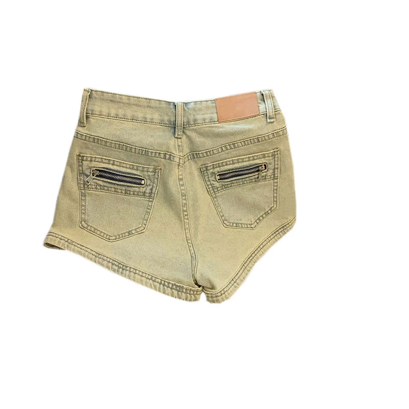 Design zipper niche pocket a word do old denim shorts female ins stretch high waist straight wide leg hot pants summer