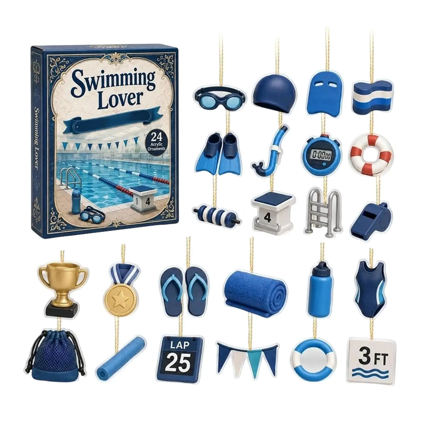 2026 Schwimm-Themen-Weihnachts-Adventskalender 24-Tage-Countdown-Geschenke 24 Stück 2D Flache Acryl-Schwimm-Anhänger Weihnachtsgeschenk-Dekoration
