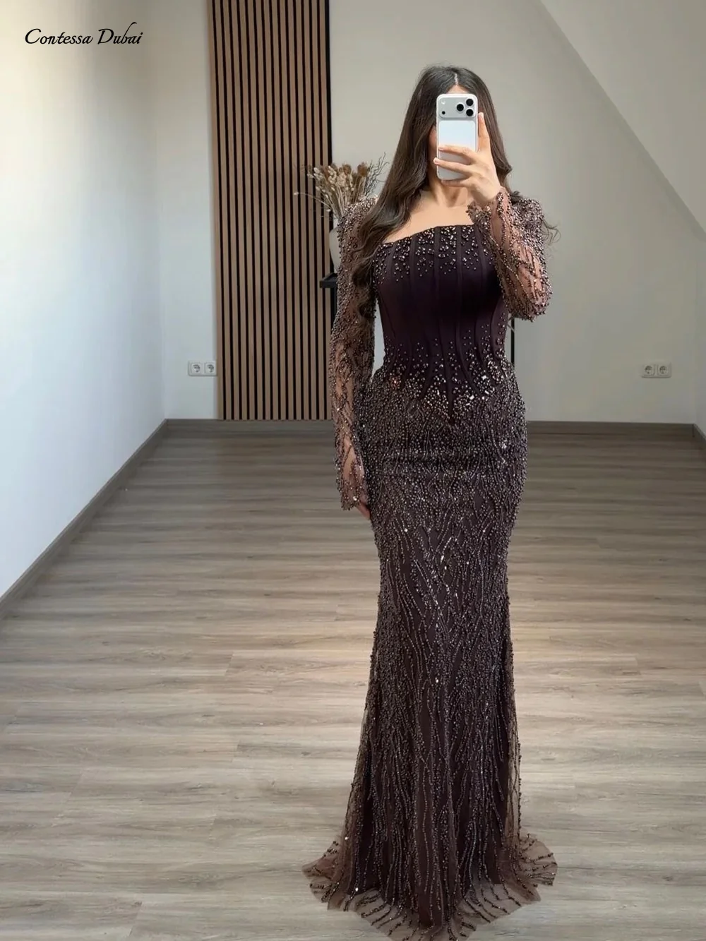 

Вечернее платье Contessa Custom коричневого цвета с бисером и иллюзорными рукавами, сексуальное, с корсетом и косточками, для выпускного вечера и официальных мероприятий